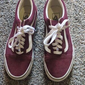 Burgundy and White Suede Vans Sneakers